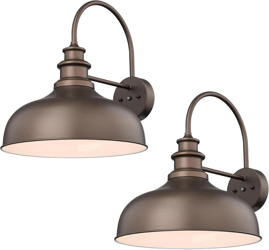 Bestshared Dusk to Dawn Gooseneck Barn Lights 16 Inch Dome Anti-Rust Farmhouse Outdoor Wall Sconce Outside Wall Mount Lighting Fixture Front Door Lantern Lamp for Patio(ORB+White,16 Dome-2Pack)