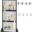 CHOEZON Grid Wall Panel 5.7’ x 2’ FT Grid Display Rack, Movable Gridwall Display Stand with Wheels, Sturdy Floorstanding Wire Grid Rack with 4 S-Shaped Hooks and 4 Garment Hooks, Black TCJ17BB