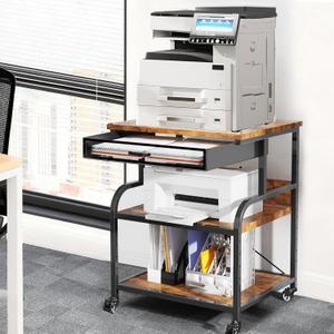 3-Tier Printer Stand with Drawer, Adjustable Shelf, Rolling Casters, 23.6 x 18.9 x 30 Inch Heavy Duty Printer Cart for Home Office, Large Printers, 3D Printers, Fax & Heat Press, Brown