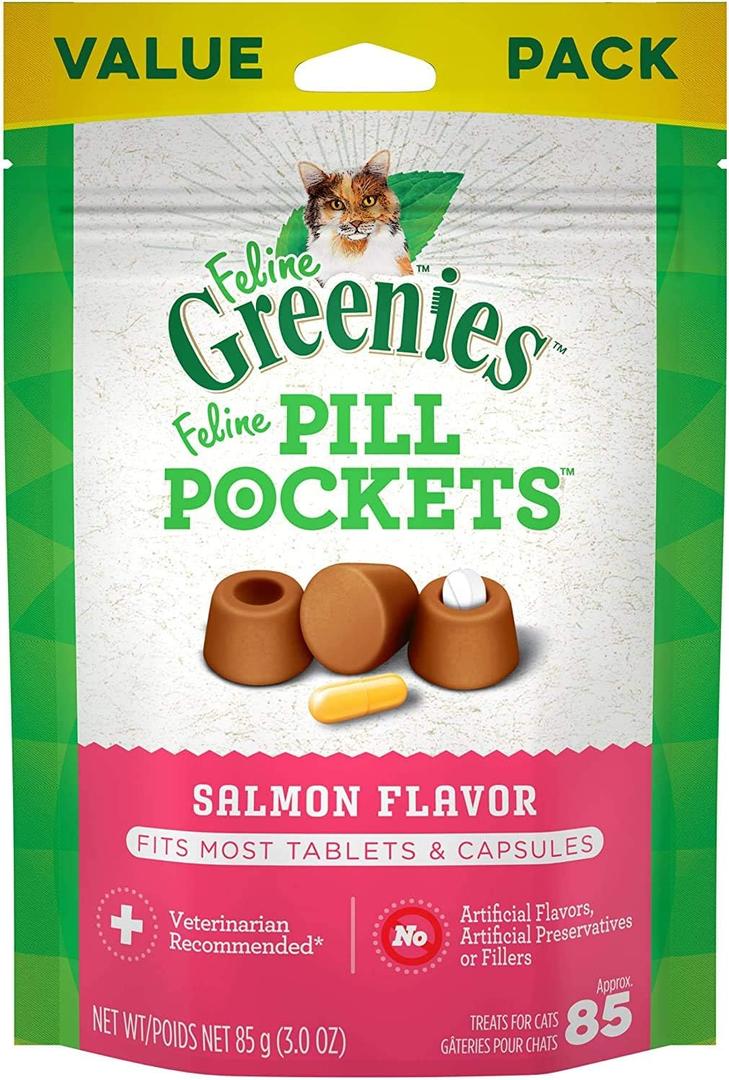 Greenies Feline Pill Pockets for Cats Natural Soft Cat Treats, Salmon Flavor, 3 oz. Pouch (85 Treats) (EXP 09/29/26)