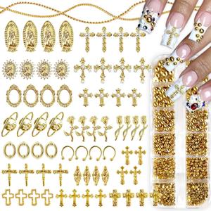 3D Cross Nail Charms,Gold Flat Back Nail Pearls Beads for Crafting,Cute Nail Charms Y2k Rhinestones Jewelry for Nail Art Flower Virgin Mary Religious Charms Gems Bulk Nail Chains (Gold)