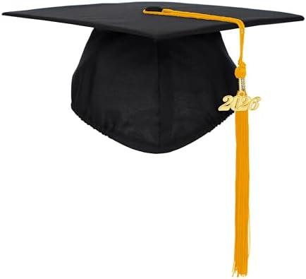 FtyFty Unisex Adult Matte Graduation Cap with Tassel Year Charm (Black with Gold)