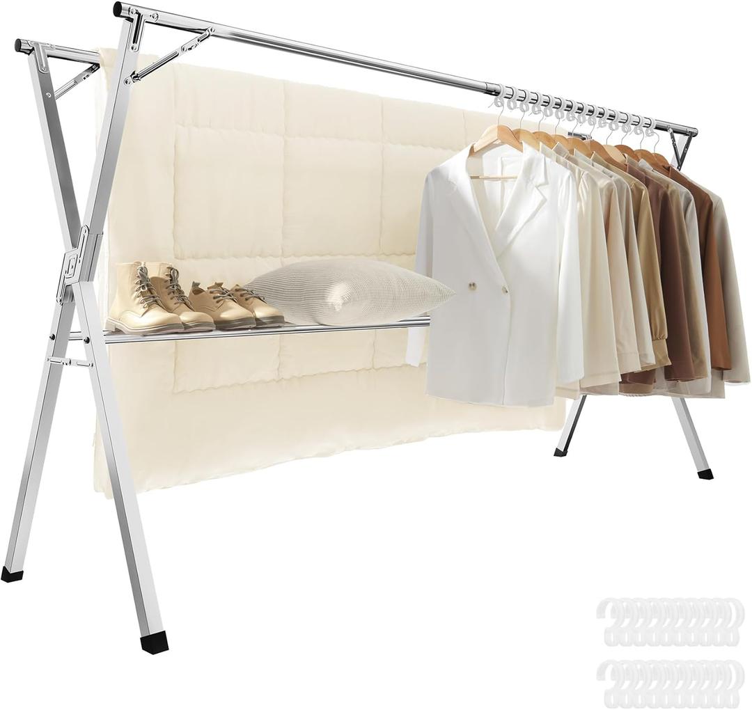 SONGMICS Clothes Drying Rack, Heavy-Duty Laundry Drying Rack, 56.3-93.7 Inches Extendable, Foldable Freestanding Airer, Stainless Steel, for Indoor Outdoor Use, Dove Gray ULLR903E01 ((56.3"-93.7")W)