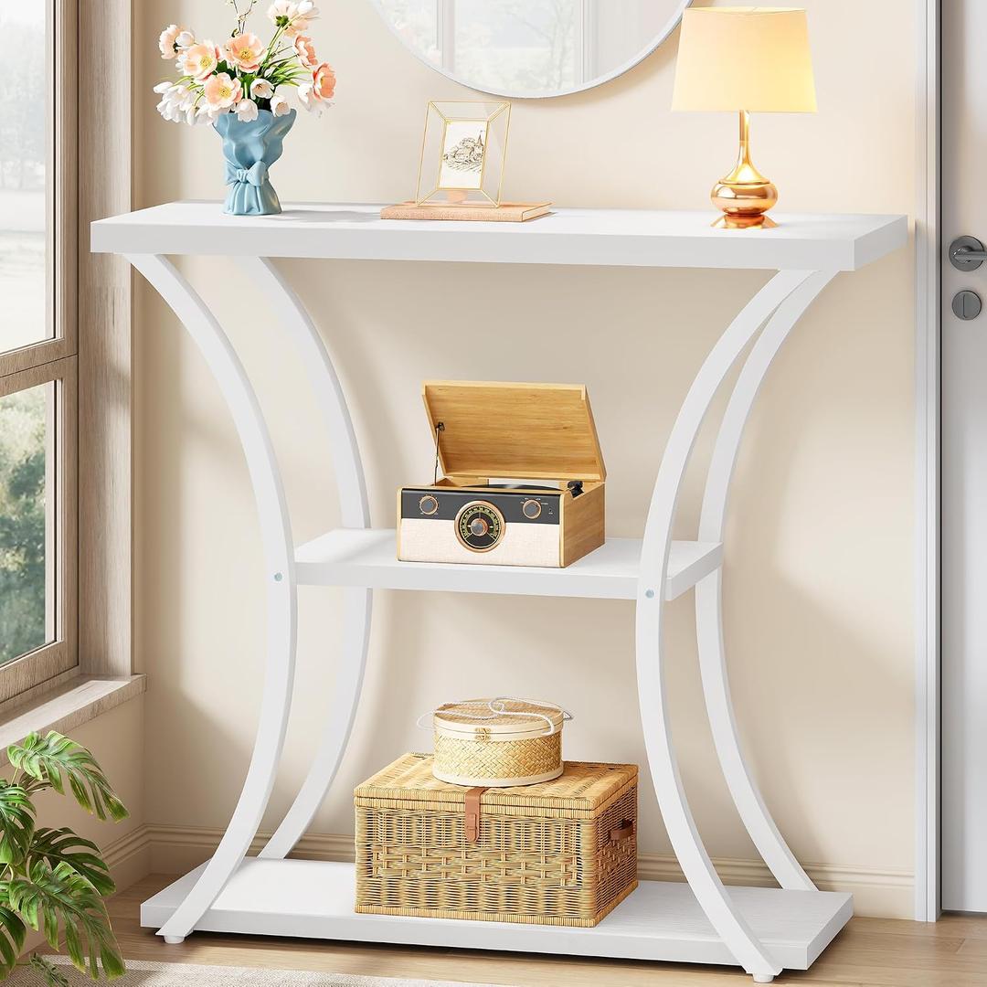 Hoctieon 3 Tier Console Table with Open Wood Shelves, Decorative Entryway Table with Curved Metal Frames, Narrow Sofa Table for Entrance, Living Room, Hallway, White
