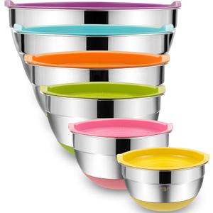 Umite Chef Mixing Bowls with Airtight Lids, 6 Piece Stainless Steel Metal Bowls, Measurement Marks & Colorful Non-Slip Bottoms Size 7, 3.5, 2.5, 2.0,1.5, 1QT, Great for Mixing & Serving (Multicolor)