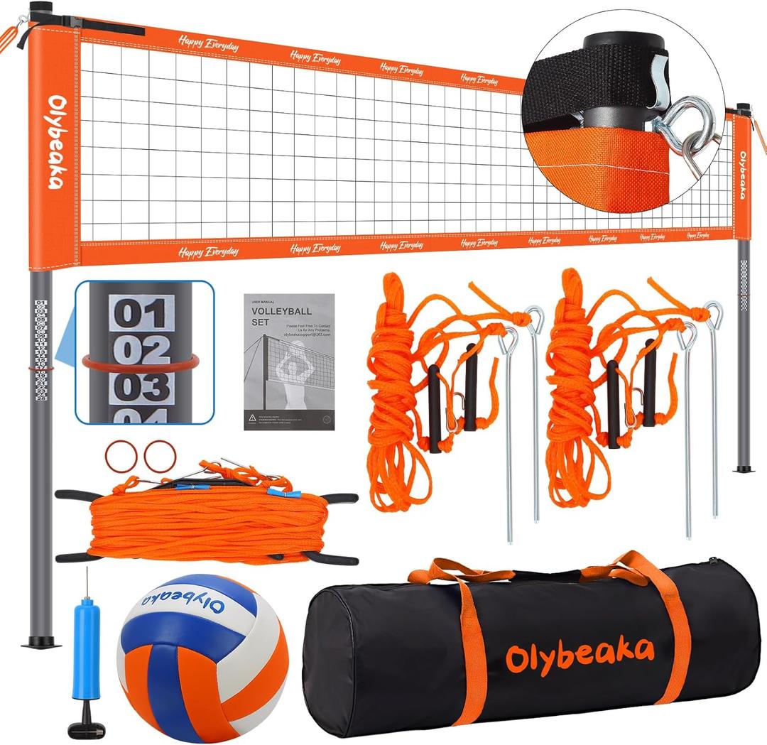 Outdoor Professional Volleyball Net Set for Backyard Beach with Adjustable Heavy Duty Poles, Durable Net, PU Volleyball & Pump, Carry Bag (20ft, Orange)