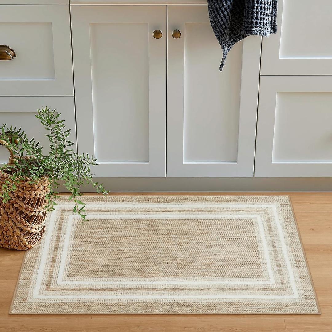 OJIA Modern Bordered Kitchen Rugs Non Slip Washable, Printed 2'x3' Entryway Rug Thin Soft Small Area Rug Indoor Door Mat Non-Shedding Throw Carpet Bathroom Runner for Bedside Bedroom