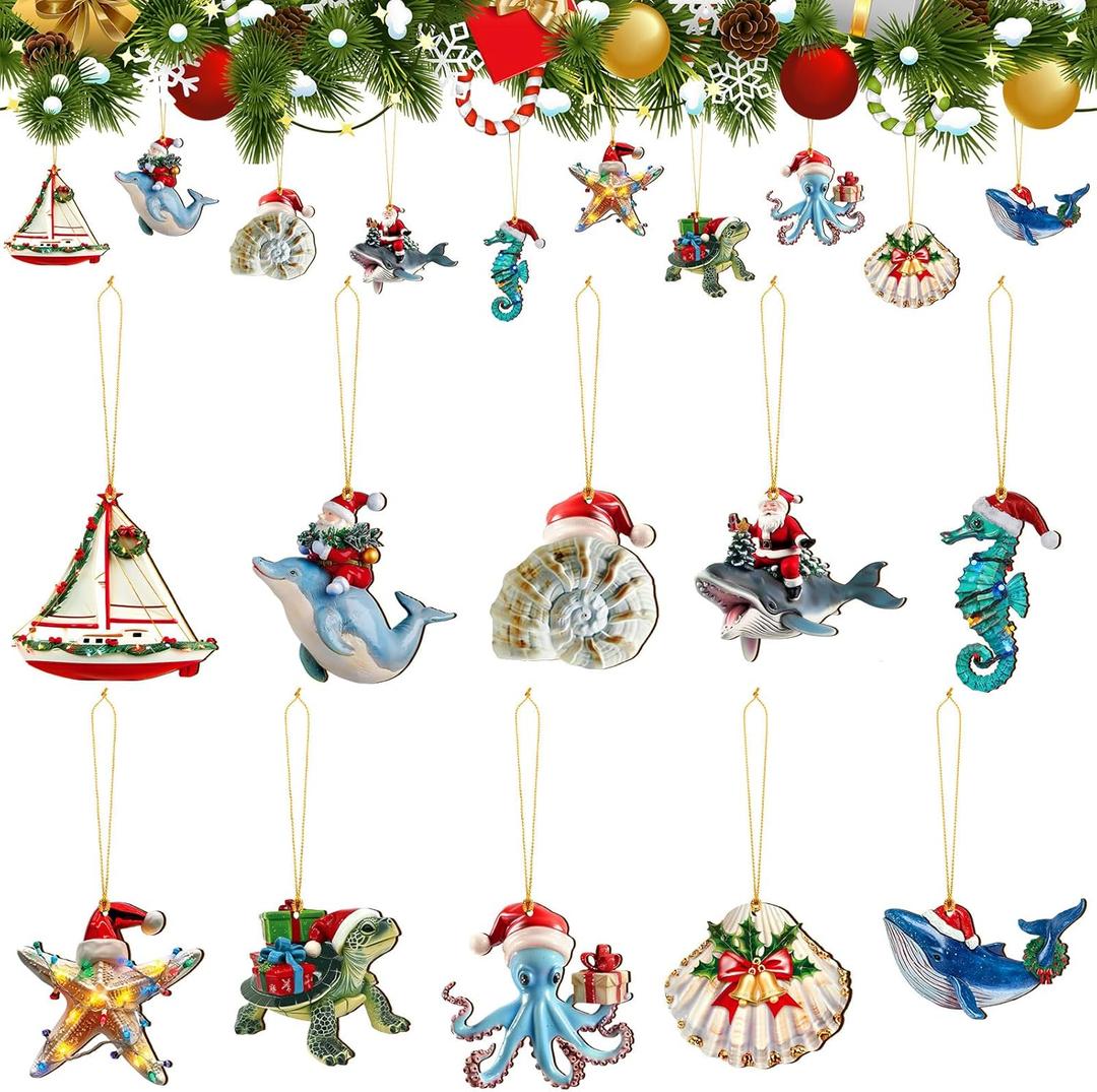 20 Pcs Sea Animal Coastal Christmas Ornament with Santa Hat Flat Wooden Beach Cutouts Sea Creature Tree Ornaments with Rope Seahorse Turtle Octopus Hanging Tree Decor for Holiday Xmas