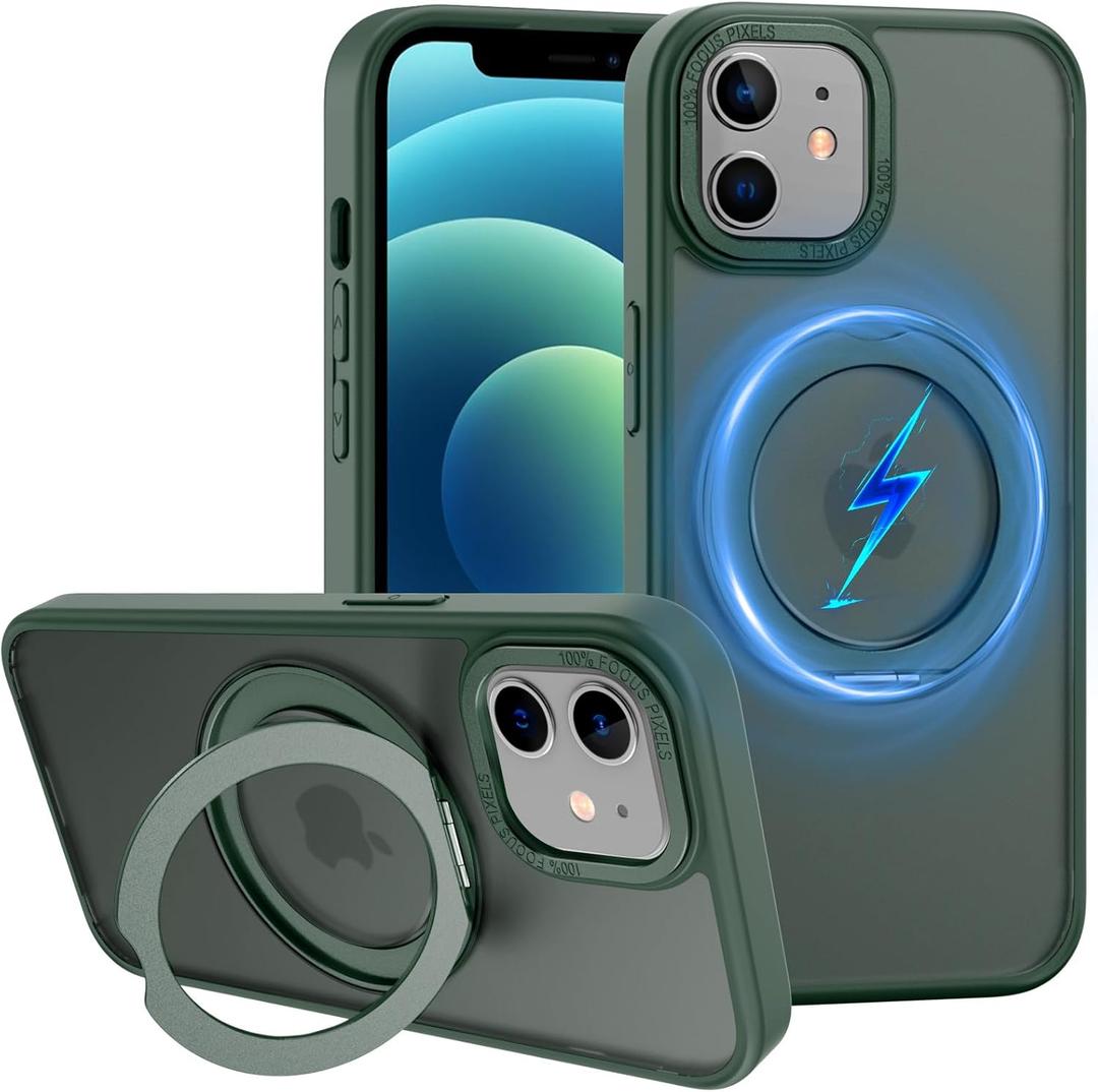 ZHK 360 Rotatable Ring for iPhone 12/12 Pro Case Magnetic, [Military Grade Drop Proof] [Translucent Frosted Back Panel] Slim Non-Slip Matte Phone Case for iPhone 12/12 Pro 6.1'', Midnight Green