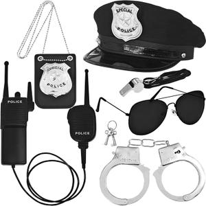 Police Costume Accessories Policeman Hat Handcuffs Badge Walkie Talkies Whistle Sunglass for Police Officer Theater Dress Up Theme Party, Halloween costume Accessories