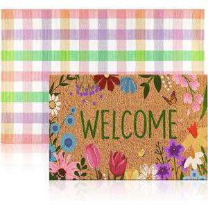 2 Pcs Spring Coir Doormat Outdoor Flower Welcome Outdoor Rug Front Porch Mats Layered Colorful Plaid Rugs for Spring Front Porch Entryway Decor