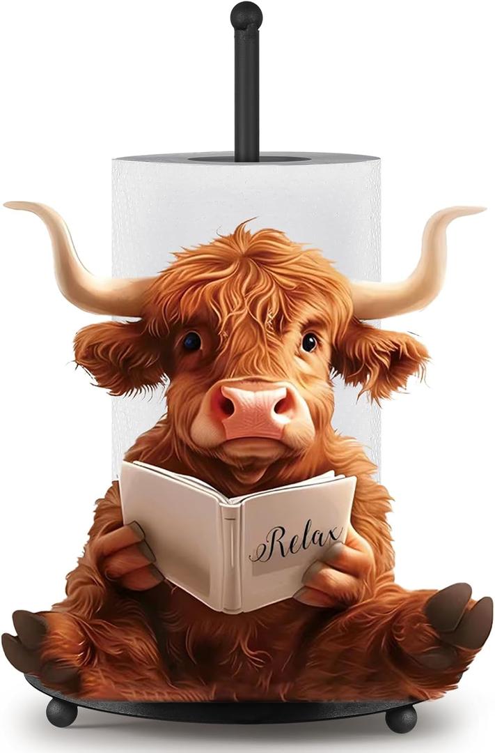 MorningRo Highland Cow Paper Towel Holder Countertop Kitchen Decor and Accessories Black Metal Farmhouse Large Tissue Stand for Home Bathroom 3D Cow Hand Painting Pattern Farm Table Decor Gifts