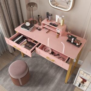 WESTREE Modern Makeup Vanity Desk with Glossy Desktop,Bedroom Home Office Writing Desk with Drawers, Storage Shelf, Gold Metal Frame for Dressing Table Without Mirror (40 inch, Pink)