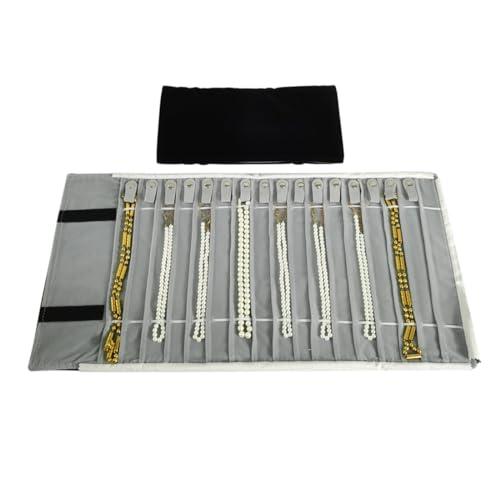 SCIKHEFT Portable Jewelry Roll Untangled Secure Necklace Travel Storage Bag Displays Holder 16 Chain (Black and Gray)