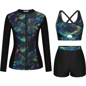 Kate Kasin Women's 3 Piece Rash Guard UV Sun Protection Long Sleeve Swimsuits Built-in Bra Zip Up Swim Shirts with Boyshorts, XL Kate Kasin Women's 3 Piece Rash Guard UV Sun Protection Long Sleeve Swimsuits Built-in Bra Zip Up Swim Shirts with Boyshorts, XL