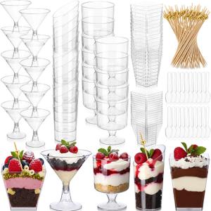 150 Pcs Plastic Dessert Cups with Spoons and Toothpicks, 2 to 5 oz 5 Styles Clear Mini Appetizer Cups Disposable for Serving Fruit Trifle Ice Cream Pudding Weddings Party (Clear, Basic)