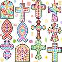36 Sets VBS Sun Catcher Crafts DIY Christian Cross Window Art Kits Religious Cross Gem Diamond Art with Gemstone Sticker Ribbon for Sunday School VBS Church Classroom Activities