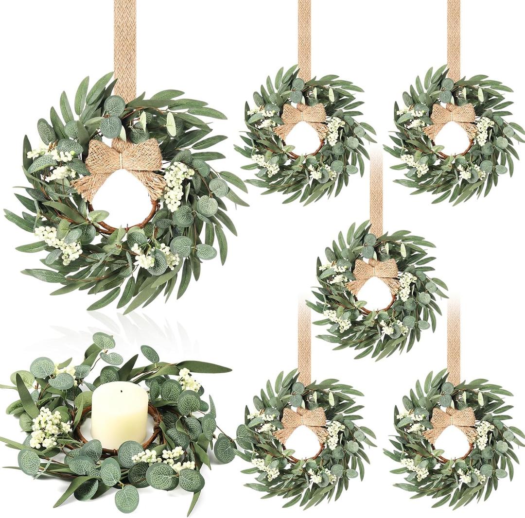 Knitgrip 6 Pcs 9'' Mini Eucalyptus Wreath Small Spring Summer Kitchen Cabinet Wreaths with Linen Bow Ribbon Hanging Farmhouse Wreaths Artificial Greenery Wreath for Front Door Porch Wall Window