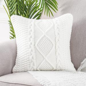 MANDIOO Cotton Knitted White Decorative Throw Pillow Covers Soft Cozy Outdoor Cushion Cases Luxury Modern Pillowcases for Couch Sofa Bed 16x16 Inches