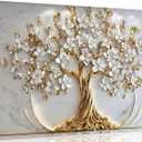 Tree of Life Canvas Wall Art Gold White Flowers Wall Decor Picture Natural Landscape Poster Print Artwork For Living Room Bedroom Office Paintings Decoration Prepare to hang 48x24in