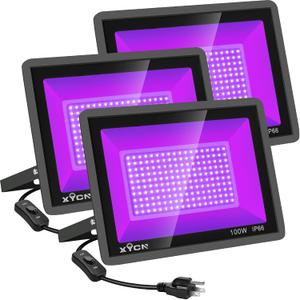 XYCN 3 Pack 100W LED Black Light, Blacklight Flood Light with Plug and Switch, IP66 Waterproof Neon Glow for Party, Halloween, Fluorescent Poster, Body Paint, Aquarium
