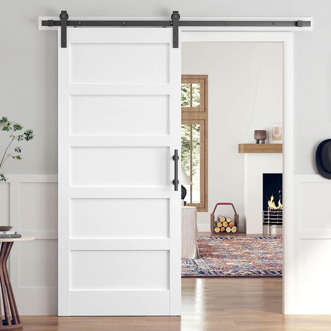 36x84 Inch White Sliding Barn Door Slab with 6.6ft Hardware Kit Included, 5-Panel, MDF Wood Panel Covered with Water-Proof Scratch-Proof PVC Surface, Simple DIY Assembly