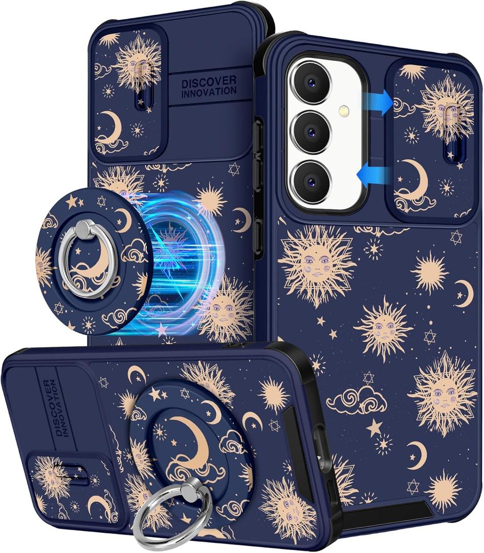 Buleens for Samsung Galaxy S23 FE Case 6.4 Inch - with Ring Stand & Camera Cover Cute Designed Women Girls Sun Moon Stars for Samsung S23 FE Case Compatible with Magsafe