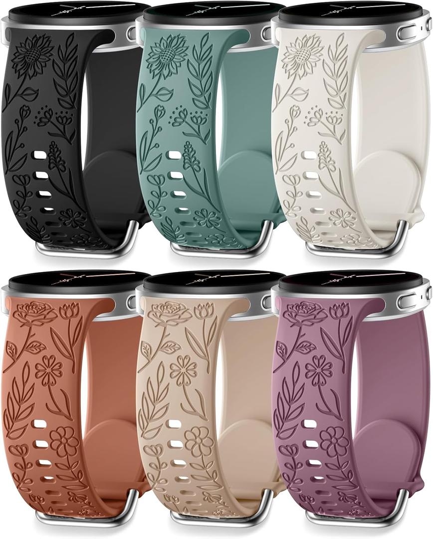 SNBLK Floral Engraved Bands Compatible with Samsung Galaxy Watch 8 Band 40mm 44mm/Galaxy Watch 8 Classic Band 46mm, 6Pack Flower Soft Silicone Sport Replacement Strap for Samsung Watch Bands Women Men (Black/Pine Green/Starlight/Brown/Milk Tea/Smoke Violet)