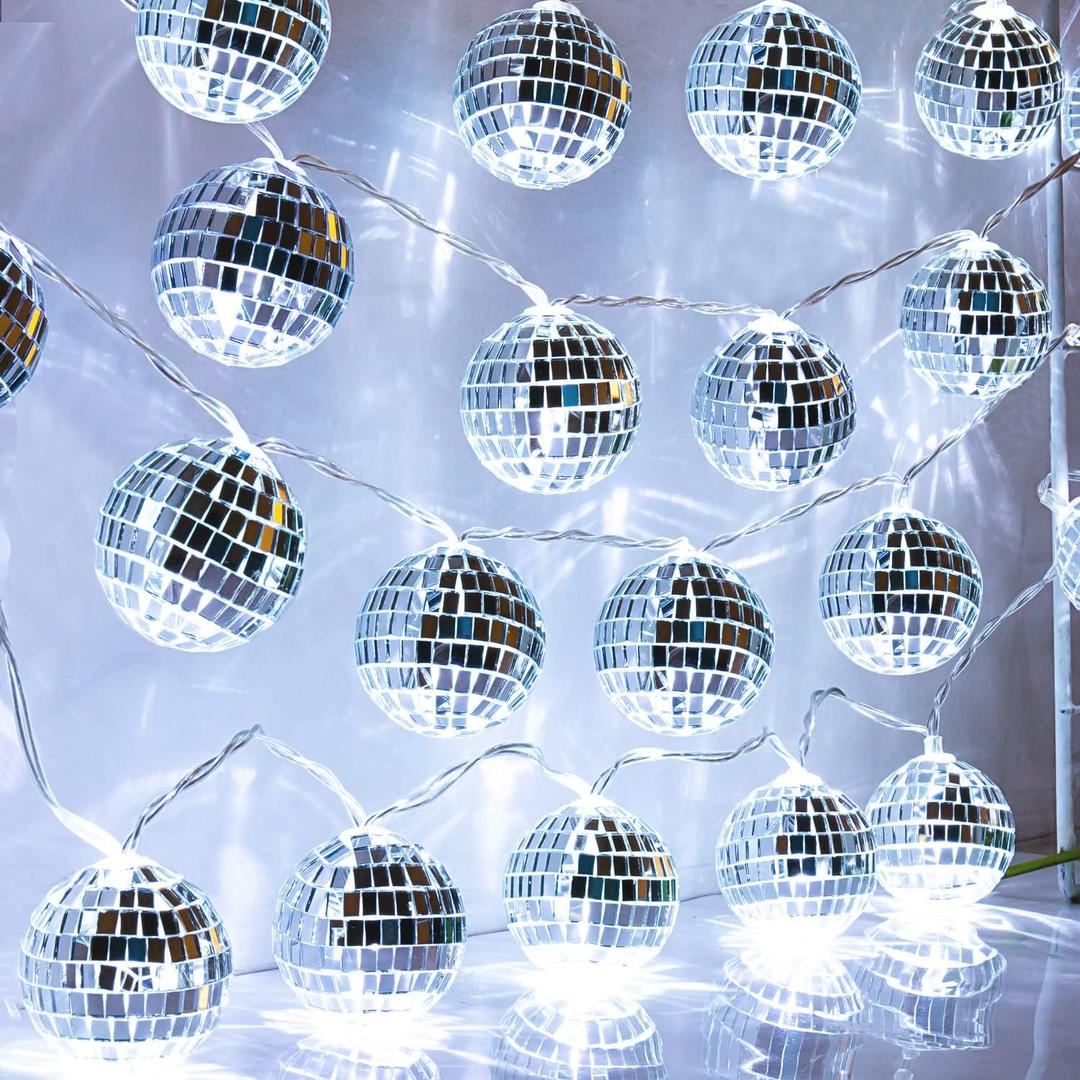 AceList 50 LED 16.4Ft Disco Ball String Light - Battery Powered and USB Plug, Disco Ball Lights for 70's Disco Party Decorations and Birthday Parties, Mamma Mia (Silver) (White)