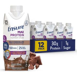 Ensure Max Protein Shake | Milk Chocolate | Ready to Drink | 30g Protein for Muscle Building | 1g Sugar, 4g Fiber | 11 fl oz - 12 Pack BB 1 Jan 2026