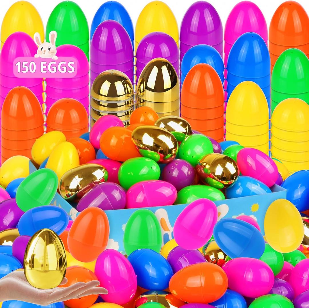 150 Pack 3.1" Fillable Easter Eggs with 6 Surprise Gold Eggs, Colorful Plastic Eggs for Easter Egg Hunts, Basket Stuffers Fillers, Party Favors, Classroom Rewards Prizes for Kids Toddlers Boys Girls