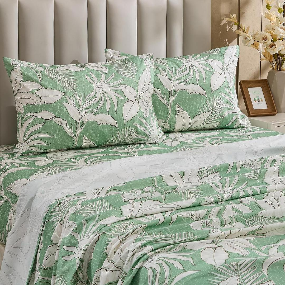 Gogreen 100% Cotton Sheet Set Queen Size, Green Floral, 4PC Set, Breathable Bed Sheet for Hot Sleeper and Night Sweats, Deep Pocket Up to 16 Inches