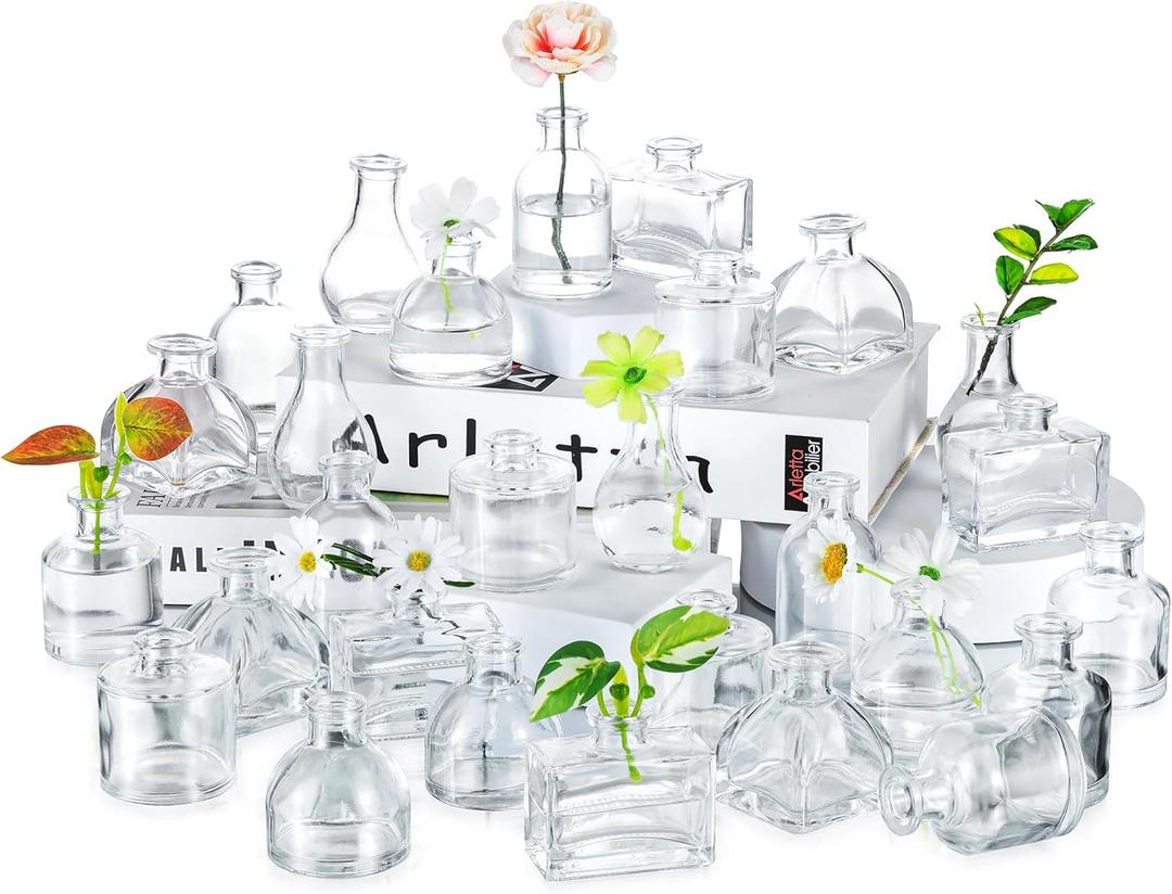 Hewory 2.3'' Mini Bud Vases: 28Pcs Small Clear Glass Vases Bulk for Wedding Party Table Accent - Tiny Decoration for Babies Breath Wildflowers