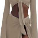 Crochet Two Piece Set Coverups Crop V Neck Long Sleeve Shirt Hollow Out Split Wrap Skirt Sexy Beach Sets (Large, Apricot)