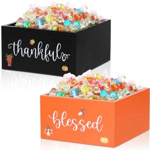 2 Pcs Fall Candy Bowl Dish Mini Wooden Autumn Candy Bowl Thankful Blessed Thanksgiving Harvest Candies Holder Farmhouse Party Supplies for Tiered Tray Holiday Table Decor Housewarming Gift