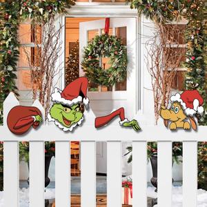 4 PCS Christmas Fence Peeker Yard Garden Signs,Christmas Fence Peekers Ornaments with Thief Stole Head Arm Bag and Dog for Holiday,Indoor Christmas Tree Decor,Outdoor Patio Peeking Decor