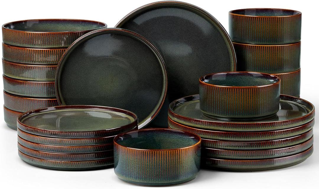 LIANYU Dinnerware Sets with Pasta Bowls, 24 Piece Ribbed Dinnerware Plates and Bowls Set for 6, Elegant Modern Stoneware Dishes Set for Kitchen Dining, Microwave and Dishwasher Safe, Jungle Green