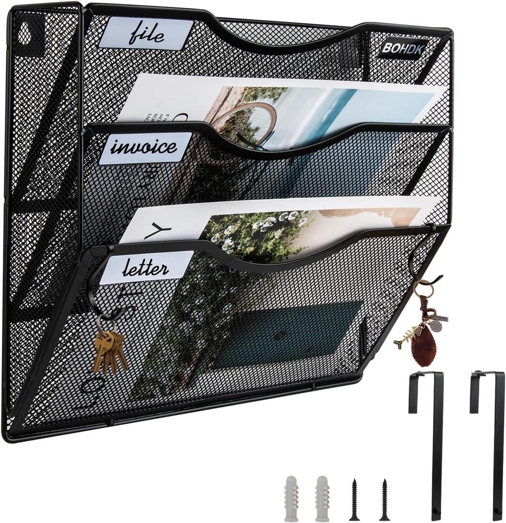 Wall File Organizer, 3 Tire Hanging File Folder Mail Organizer, Vertical Mesh Metal Door/Wall Mount Hanging File Holder, Paper Document Magazine Rack with Hooks for Home Office Black