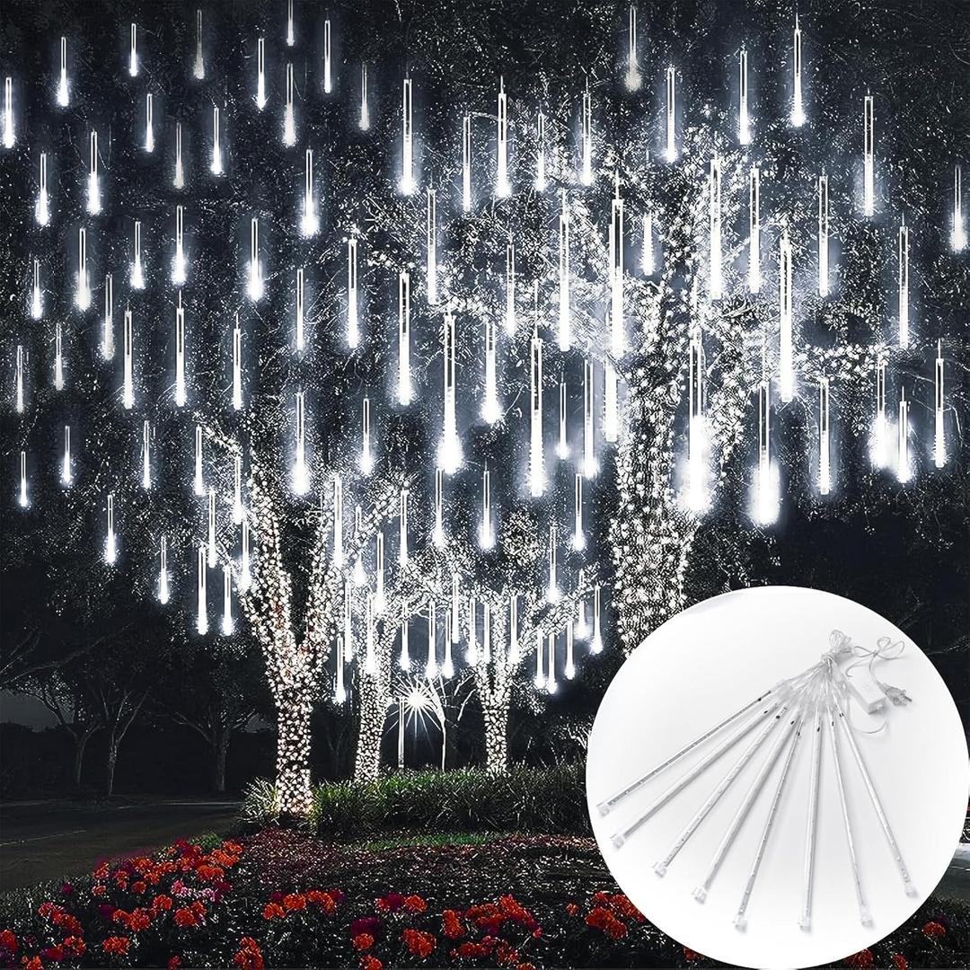 Meteor Shower Lights, 144LED White Holiday Outdoor Illumination with 8 Tubes, Waterproof Hanging Display for Garden Yard Patio Tree Decor (Plug-in)