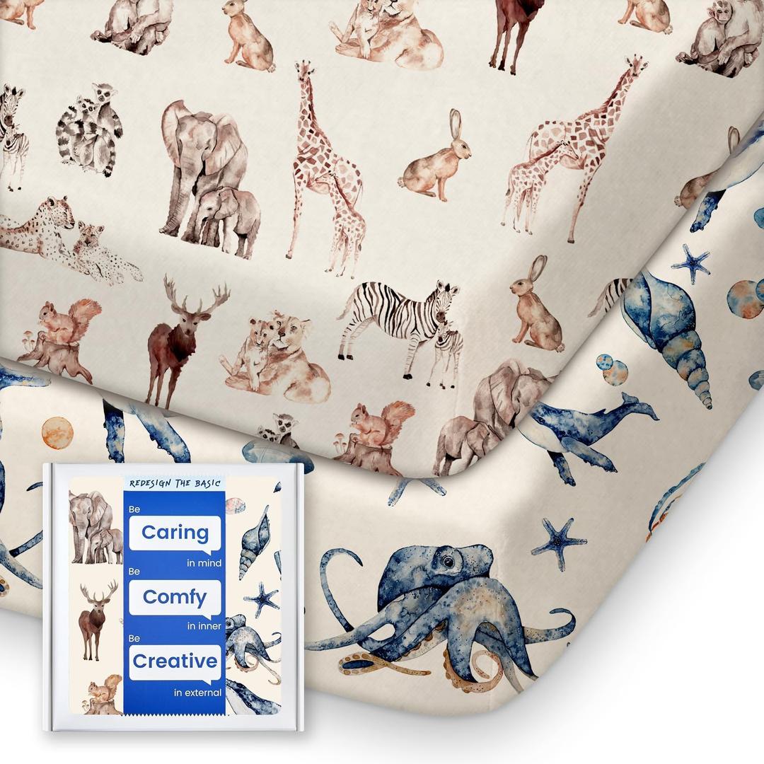 Graco Pack and Play Fitted Sheets - 2 Pack Mini Crib Sheets, Hypoallergenic and Soothing, Premium Jersey Fabric, Safari Sea Animals Pattern (Ocean Pals + Wildlife)