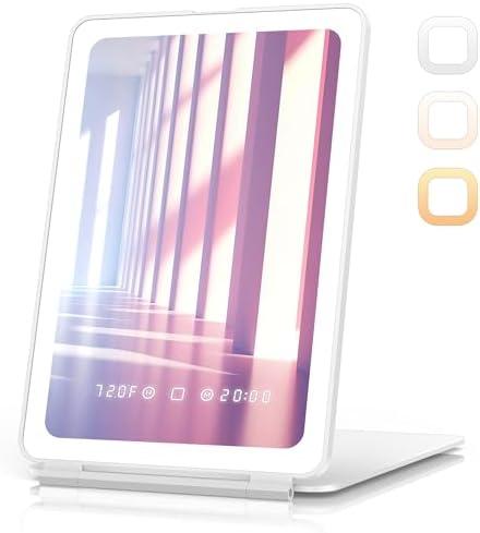 Travel Makeup Mirror with Time & Temperature Display, 2000mAh Rechargeable Battery, 7.5" Portable Foldable Lighted Mirror with 148 Led Lights, 3 Color Lighting Modes, Touch Dimming Set Of 2