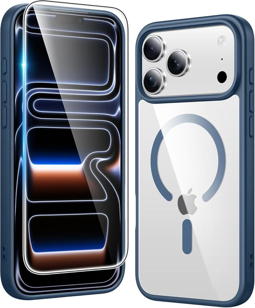 FNTCASE for iPhone 17 Pro Case: Clear Magnetic Phone Cases with Screen Protector Compatible with Magsafe Slim Anti Yellowing Rugged Shockproof Protective Transparent Cell Phone Cover (B-Blue)