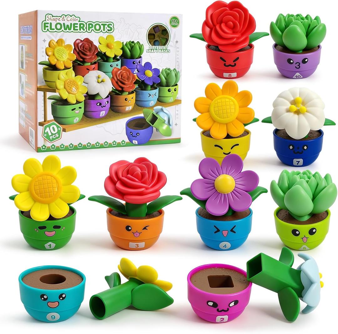 10 Sets Flower Garden Toddler Toys, Kids Gardening Building Toy, Color Shape Sorting & Stacking Game, Montessori Preschool Learning Activities for Toddlers 1 2 3 Year Old