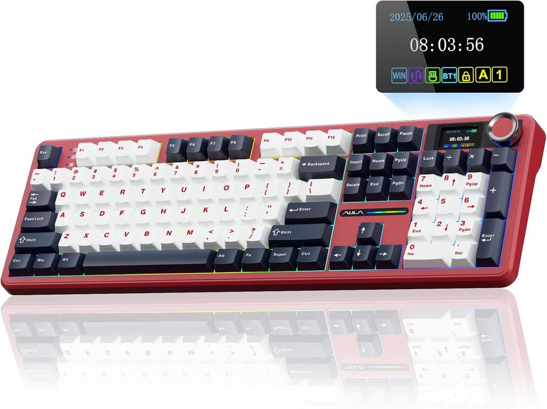 AULA F108 PRO - Wireless Mechanical Keyboard with Screen&Knob,Hot Swappable Gaming Keyboard with 8000mAh Battery,Pre-lubed Switches,RGB Backlit,PBT Keycaps Creamy Sounding Computer Keyboards,104 Keys (White&Red)