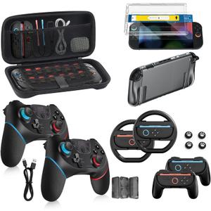 Pro Controllers Accessories Bundle for Nintendo Switch 2 18in1: Carrying Case, Screen Protector, Thumb Grip for Joycon, Dockable Console Protective Cover Shell, Steering Wheel, 2025 Switch2 Game Kit