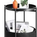 Small Side Table, Black Round End Table with Storage Basket, Metal Night Stand with Removable Tray, Small Bedside Table for Living Room, Bedroom, Nursery (Black)