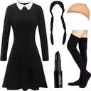 Halloween Costumes for Women - White Collar Long Sleeve Black Dress, Black Braided Wig and Sock (Large)