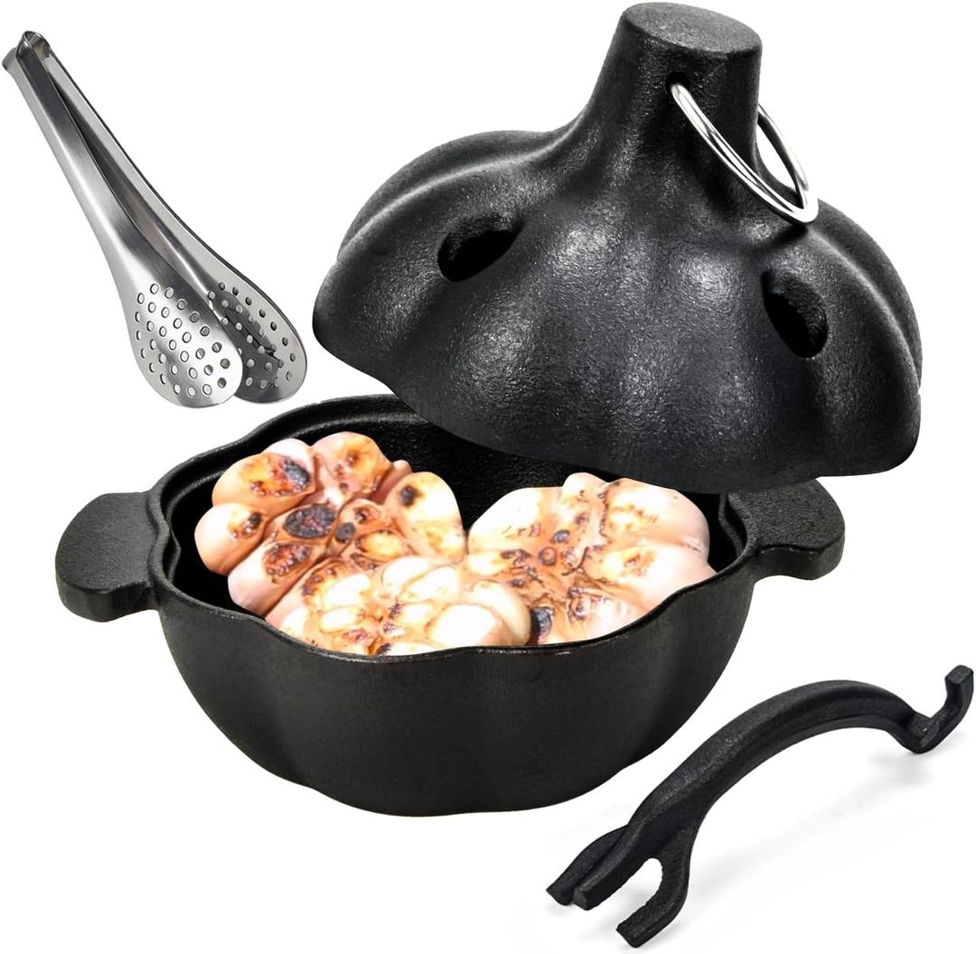 Cast Iron Garlic Roaster with Handle, Smoker Roaster, Garlic Cooker, Garlic Baker, Garlic Roasting Pot, Potato Baker, Mini Cocotte, Used in the Kitchen Oven or Outdoors on a BBQ Grill Stove (5.3")