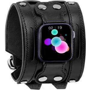 VIQIV Smart Watch Bracelet Bands Compatible with Apple Watch 38mm/40mm/41mm/42mm/44mm/45mm/49mm Smartwatch Straps for Iwatch Series Ultra/9/8/7/6/5/4/3/2/1/SE for Men Women, Ultra Wide Handmade Genuine Leather Wristband (Ultra wide 49/45/44/42mm, Black Leather Ultra Wide)