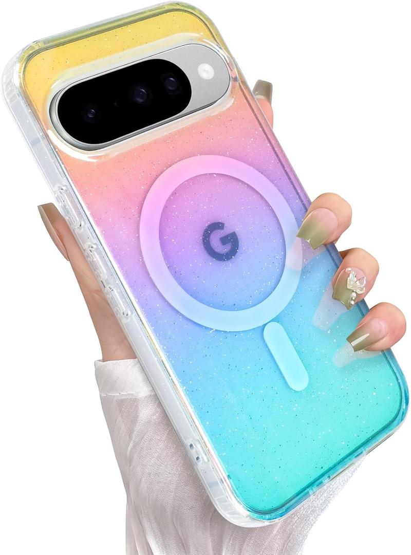 Cute Case for Google Pixel 10 Pro / 10 Case for Women Girls [Compatible with Magsafe] Aesthetic Girly Glitter Bling Rainbow Magnetic Protective Phone Cover, Clear Iridescent